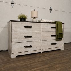 Modern White Wash 6-Drawer Nursery Dresser w/ Black Knobs
