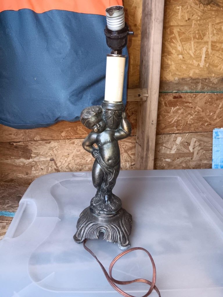 Antique Victorian Ornate Brass Lamp w Child Fairy Figure Art Nouveau