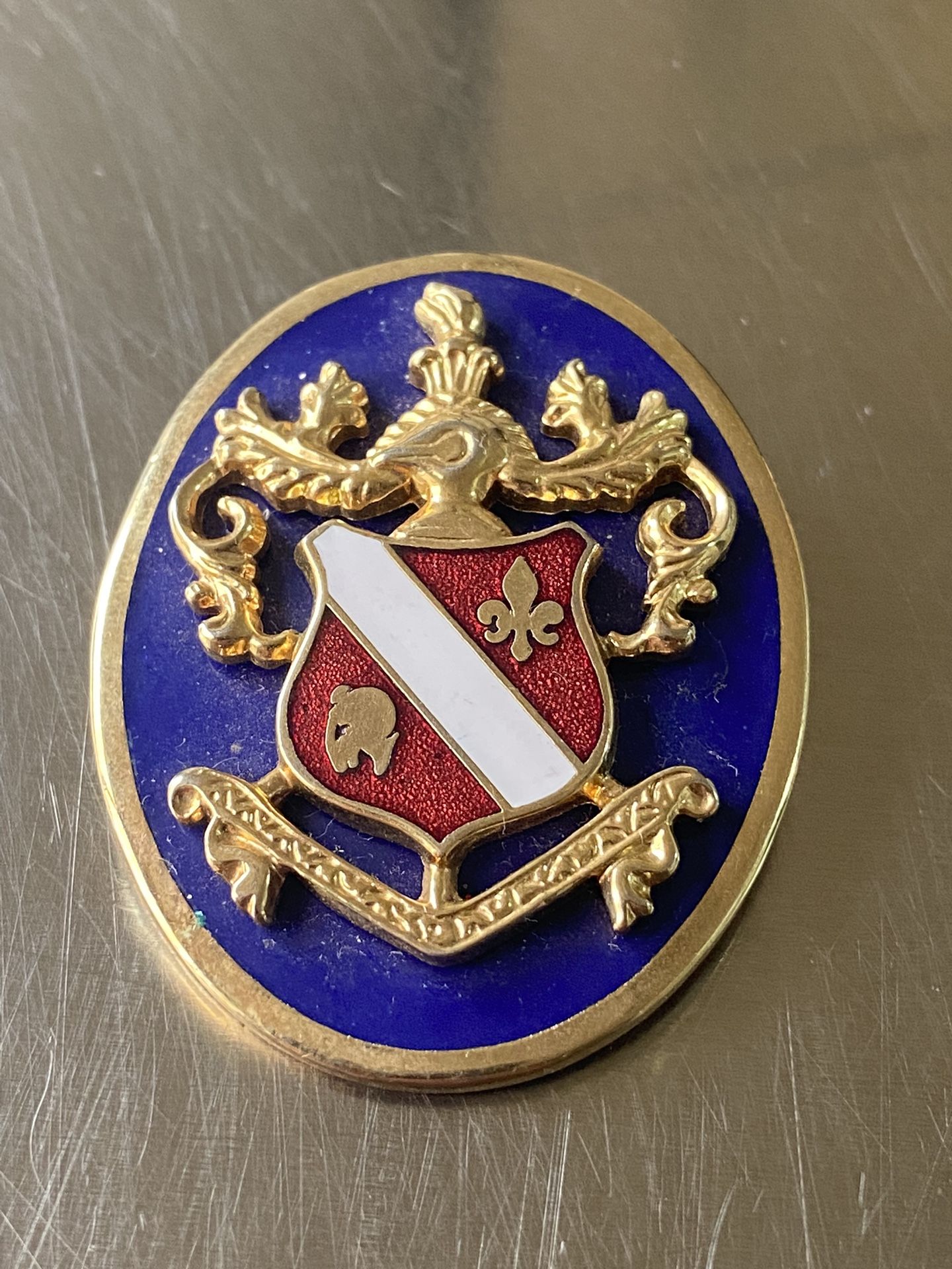 Vintage Goldtone Blue Red White Enamel Medieval Shape Pin Brooch