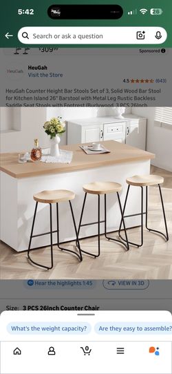 New set of three 26” real wood barstools with black metal bases