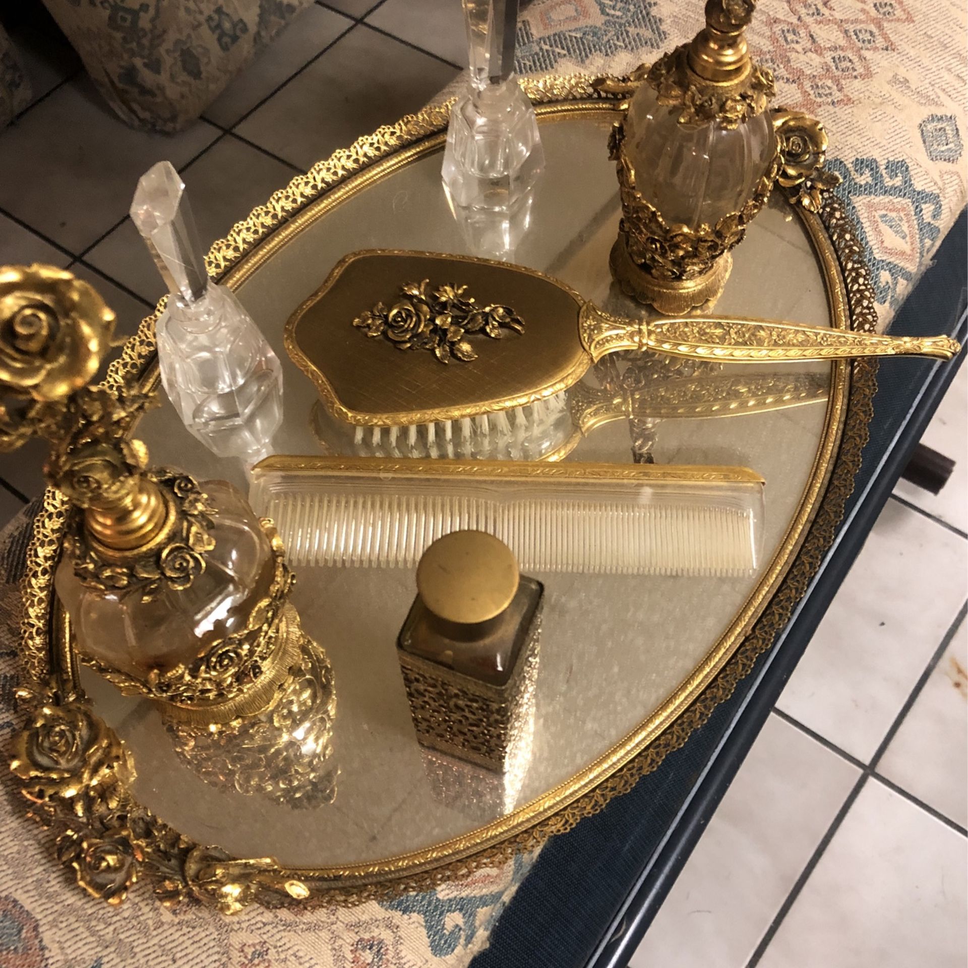 Crystal Perfume, Mirror And Brush Set