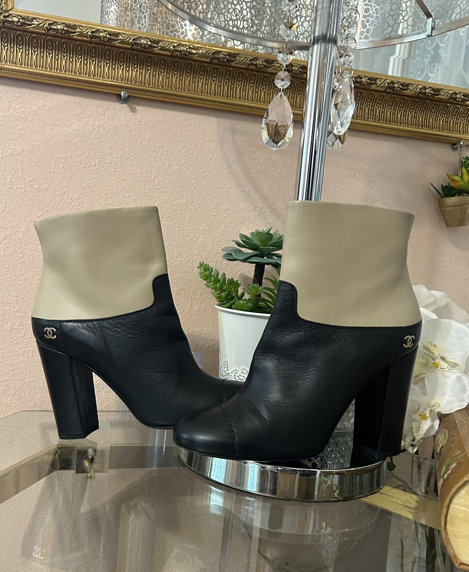 CHANEL Black And Taupe Leather Ankle Boots Size 39.5