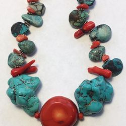 Turquoise and red coral necklace