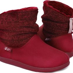 LongBay Women's Warm Chenille Knit Bootie Slippers Memory Foam Comfy Suede Fluffy Faux Fur Memory Foam Boots House Shoes