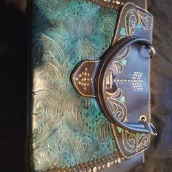 American Bling Western Purse – Turquoise & Black Embossed Leather with Rhinestones 