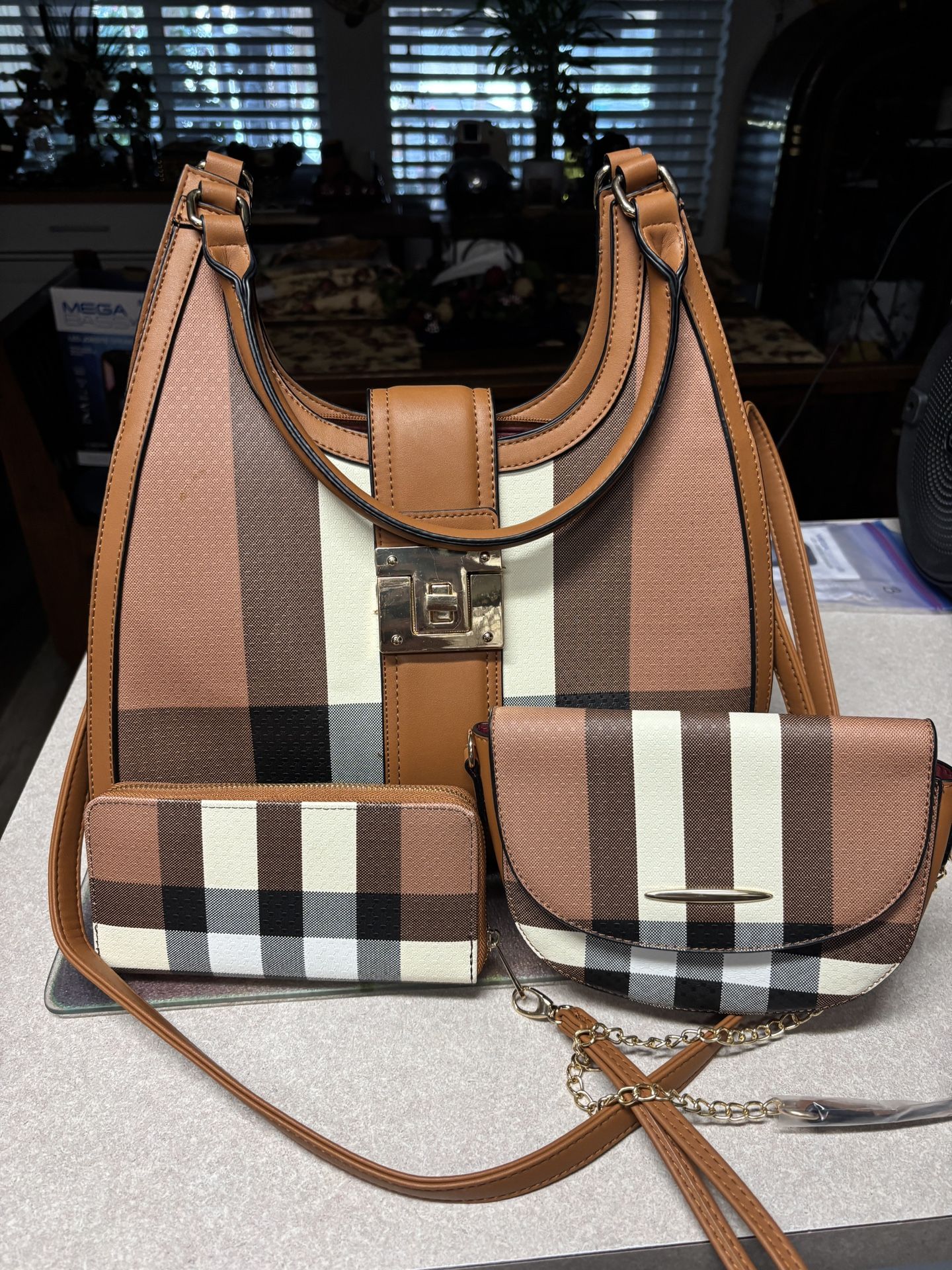 Brown Plaid Purse 3 Piece Set 