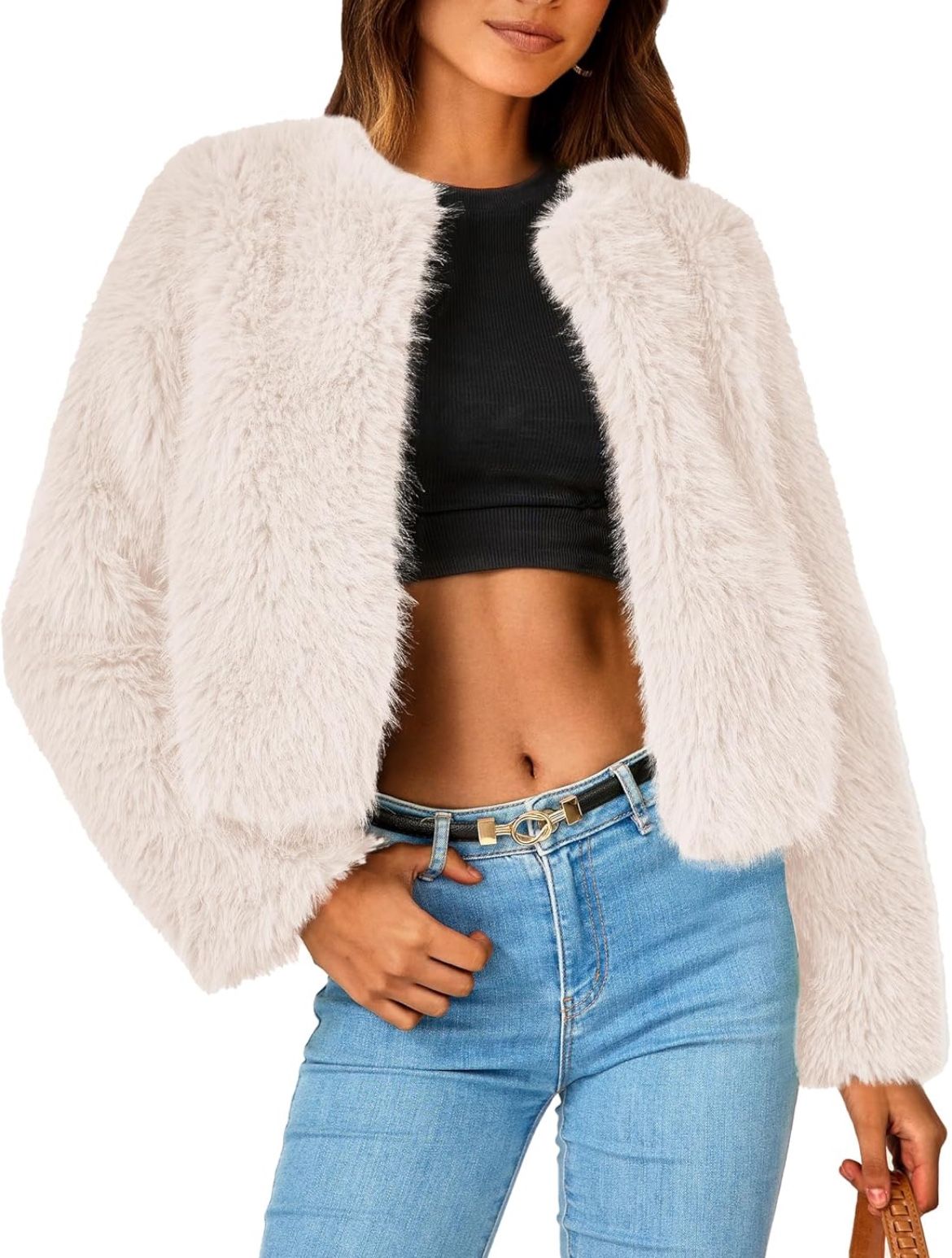 PRETTYGARDEN Women's 2025 Winter Coats Fleece Cropped Jacket Faux Fur Long Sleeve Pockets Shaggy Warm Outerwear Fall Clothes