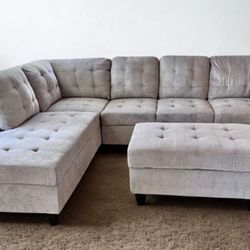 COSTCO Gray Chenille Sectional Couch And Ottoman 