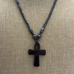 Natural Hematite Necklace With Cross Pendant. 17 Inches. 