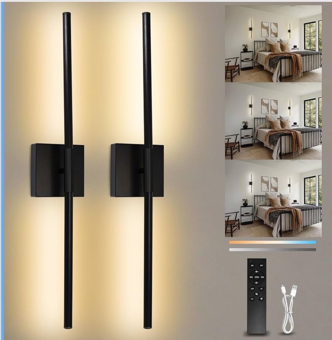 Set of 2 Battery Operated,10000mAh Black LED Wireless USB Rechargeable Wall Lights with Remote Control,360° Rotation LED Dimmable