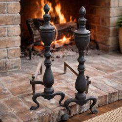 Antique 1905 Iron Andirons – Vintage Fireplace Accessories, Pair – LA