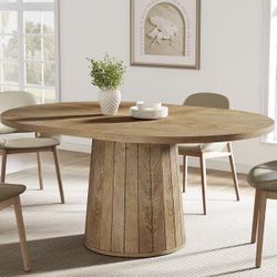 XK00822 Oval Dining Table for 6 People, 55.11-Inch Farmhouse Kitchen Dinner Table with Cylindrical Pedestal (Light Brown)