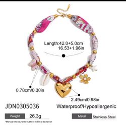 18K Gold Color Plated Stainless Steel Oil Drop Pendant Necklace Pink Printed Cotton Bandana Necklace