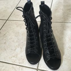 Faux leather black lace up Bootie heels