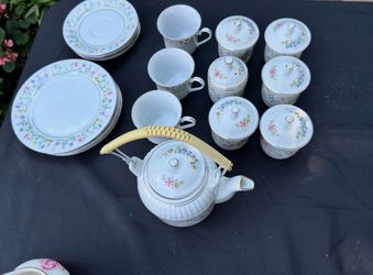 Vintage Fine China Floral Tea Set - Teapot with Woven Handle, Cups, Lidded Jars & Plates