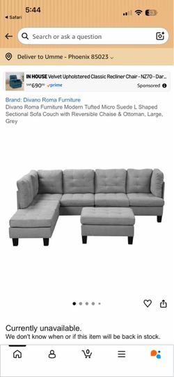 Modern tufted l shape sectional with ottoman suede grey