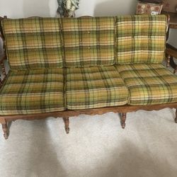 Vintage Wood Frame Couch With Upholstered Seat Cush