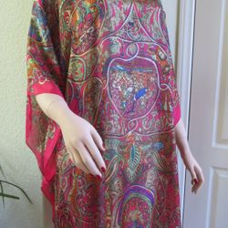 Casual Elegance 100% Silk Caftan Tunic Cover-up Boho Paisley Fuchsia 
