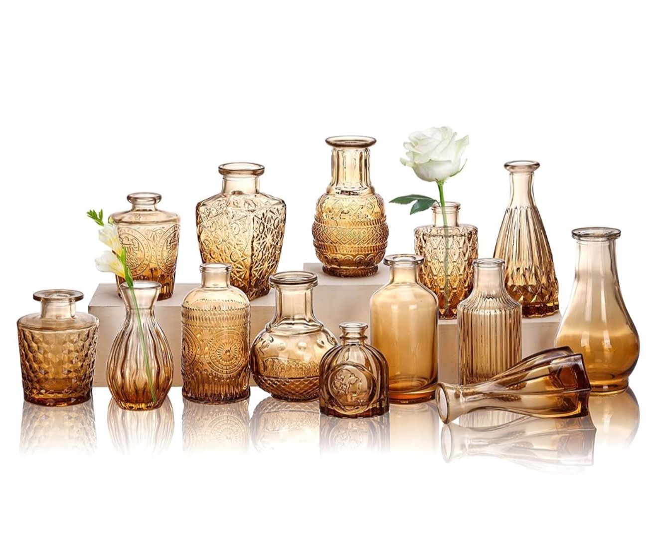 14pcs Glass Bud Vase Set, Small Amber Vases for Centerpieces in Bulk, Mini Vintage Glass Flower Vase