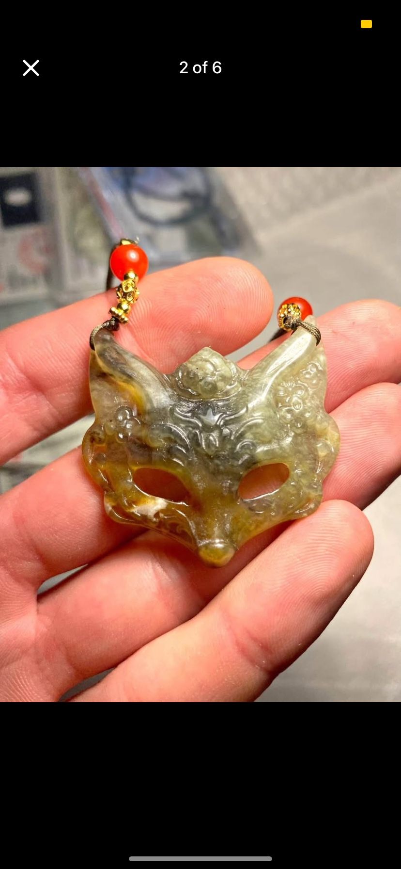 Artisan Hand - Carved Jade Fox Mask Pendant Necklace w/ Certification