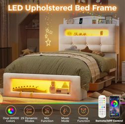 Twin Size Upholstered Platform Bed Frame with LED Lighting, White (Twin)
