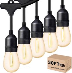 Svater Outdoor String Lights 50 FT Outside LED Patio Light E26 Waterproof Commercial Grade with Shatterproof 1W S14 Dimmable Edison Bulbs, ETL Hanging