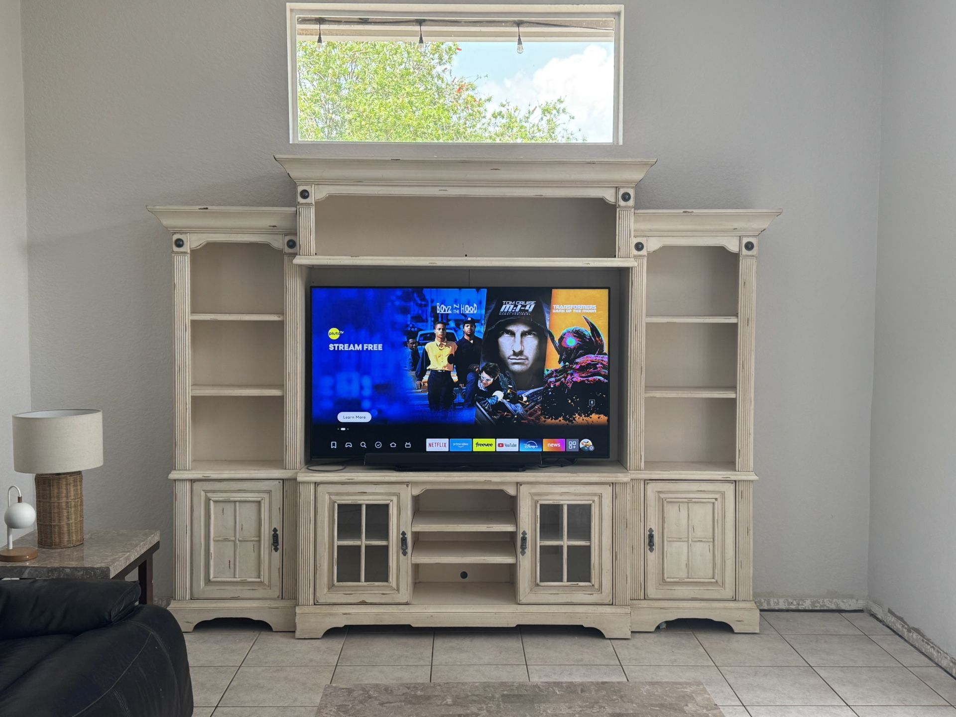 vintage-style distressed wood entertainment center