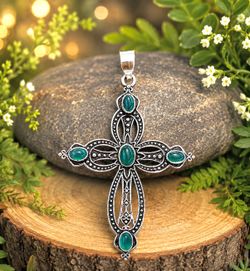 Handcrafted Natural Green Onyx Silver 2.5” Cross Pendant