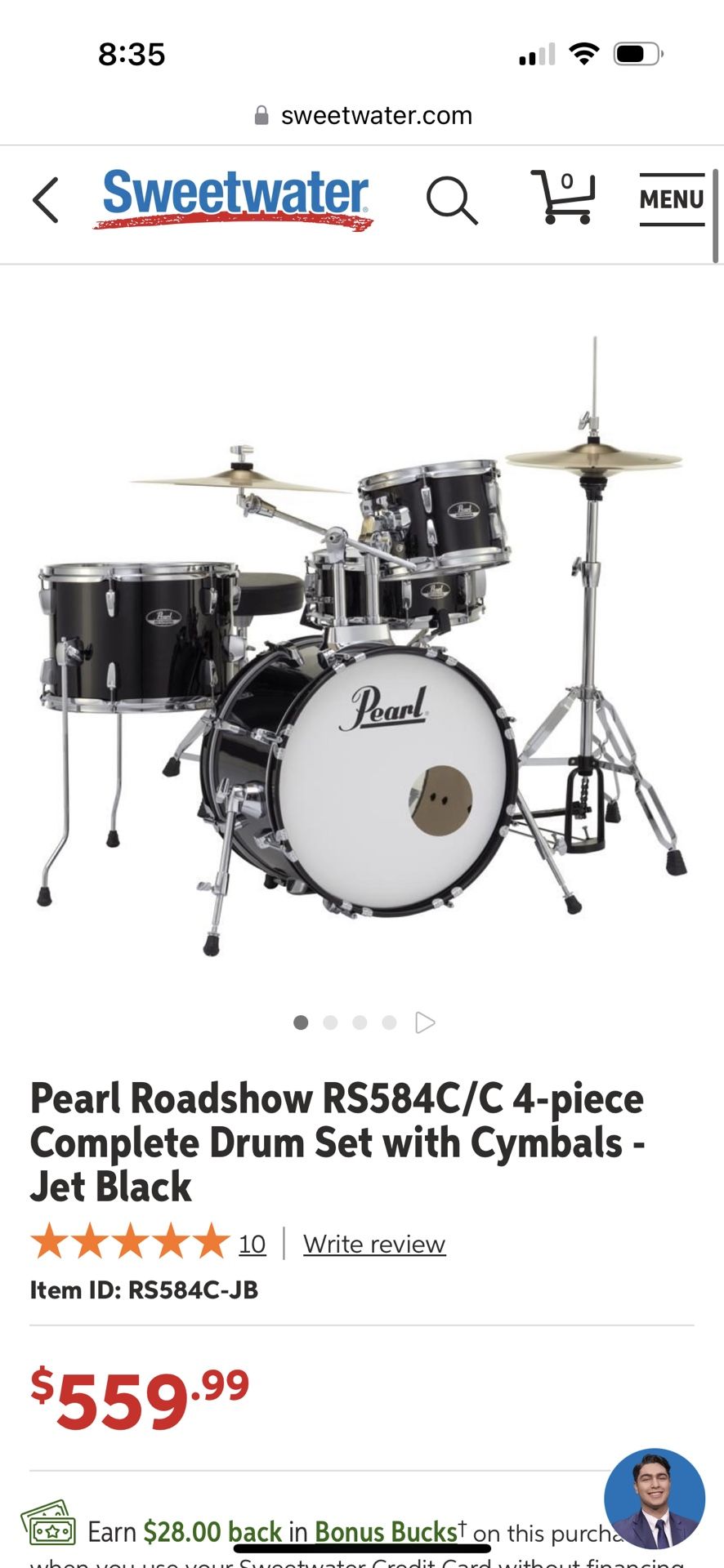 Pearl Roadshow RS584C/C 4-piece Complete Drum Set with Cymbals - Jet Black