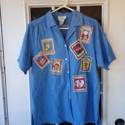 Vintage The Quacker Factory Blue Button Down Shirt with Graphic Patches L