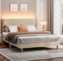 Queen Bed Frame with Adjustable Headboard, Platform Bed Frame with LED Light, Solid Wood Slats, No Box Spring Needed, Beige