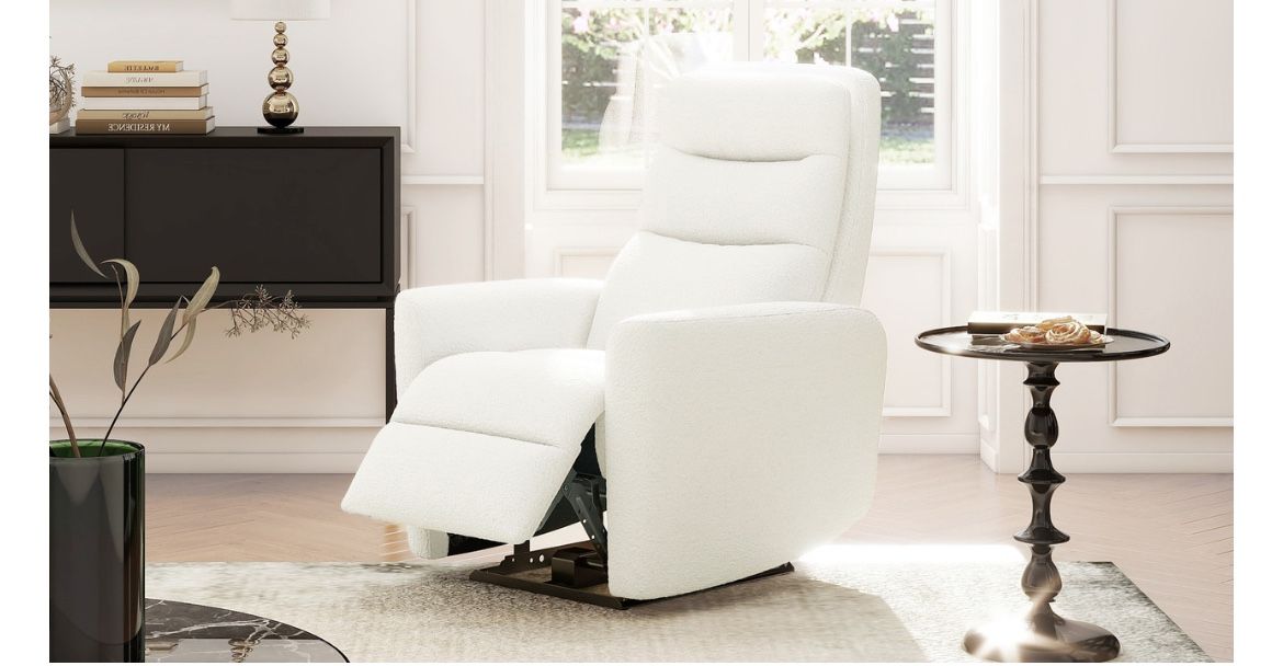 White Boucle Recliner Power Motion Chair