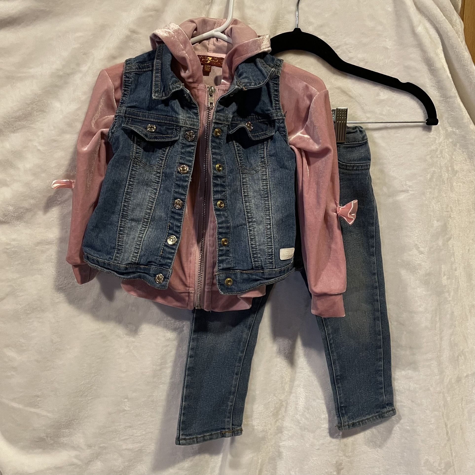 7 For All Mankind Baby Outfit Pink Hoodie Vest Pants 2T 24M Girls Set