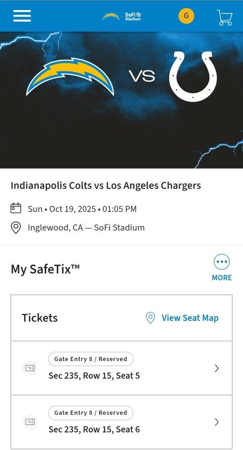 2 Tickets To COLTS VS CHARGERS - $220