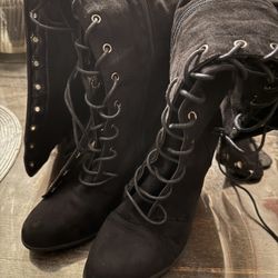 Thigh-High Black Tie-Up Heel Boots – Size 10 