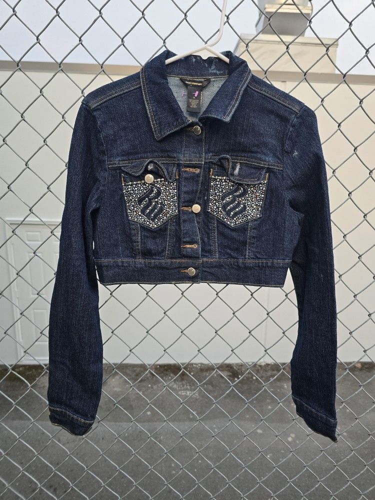 Rocawear Jacket Women Blue Denim Dark Wash Cropped Y2K Rhinestone size medium
