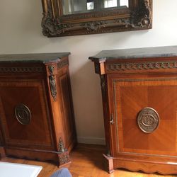 Pair of antique marble top server sideboards with brass trim 