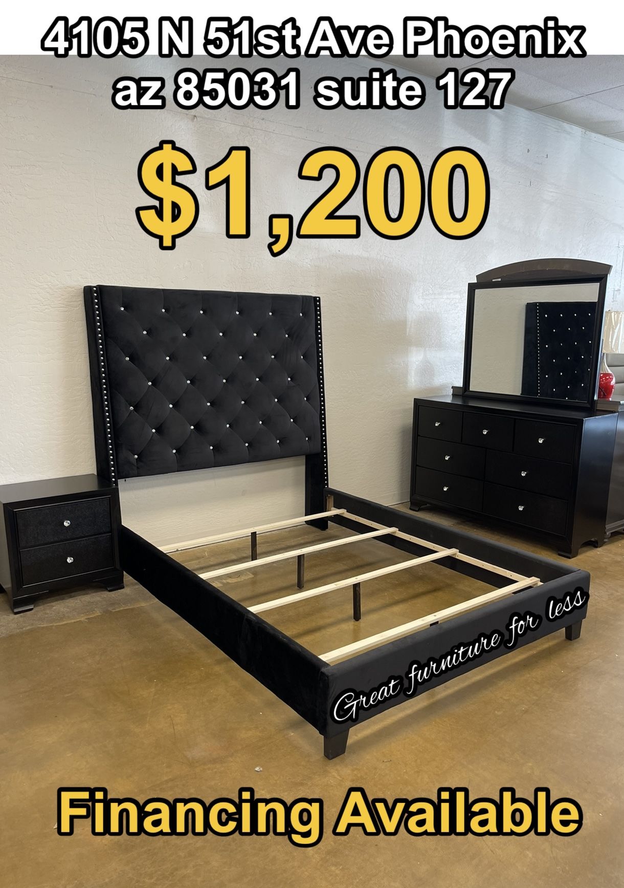 4 PCs King Size Bedroom Set Include Bed Frame Dresser Mirror And 1 Nightstand Brand New