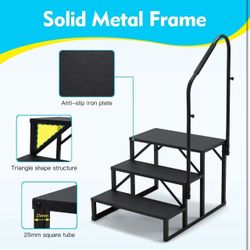 3-Step RV Steps with Handrail, 660 LBS Metal RV Stairs with Armrest Cover, Anti-Slip Hot Tub Steps, Mobile Home Steps for Travel Trailers, Hot Tub, Ca