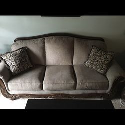 Wood Trim Greyish Brown Couch And Chair