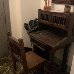 Antique  Desk With Chair And 2 Wood Antique Chairs 