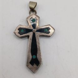 Vintage Inlaid Stone and Silver 925 Mexico Cross Pendant