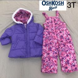 New With Tags Oshkosh Toddler Girl Snowsuit Winter Jacket Snow Pants Bib 3T