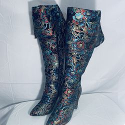 Rouge Helium OVER THE KNEE BLACK FLORAL PATTERNED BOOTS Womens Size 11
