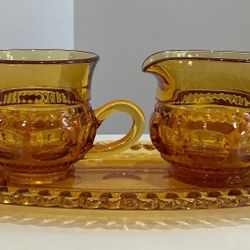 Vintage Kings Crown Thumbprint 3 Piece Amber Glass Cream, Sugar & Tray Set