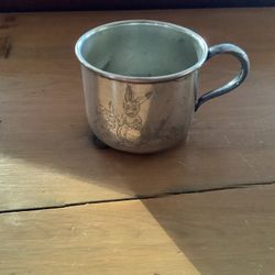 SILVER CHILDS CUP WITH HANDLE. ENGRAVED, 4 BUNNIES