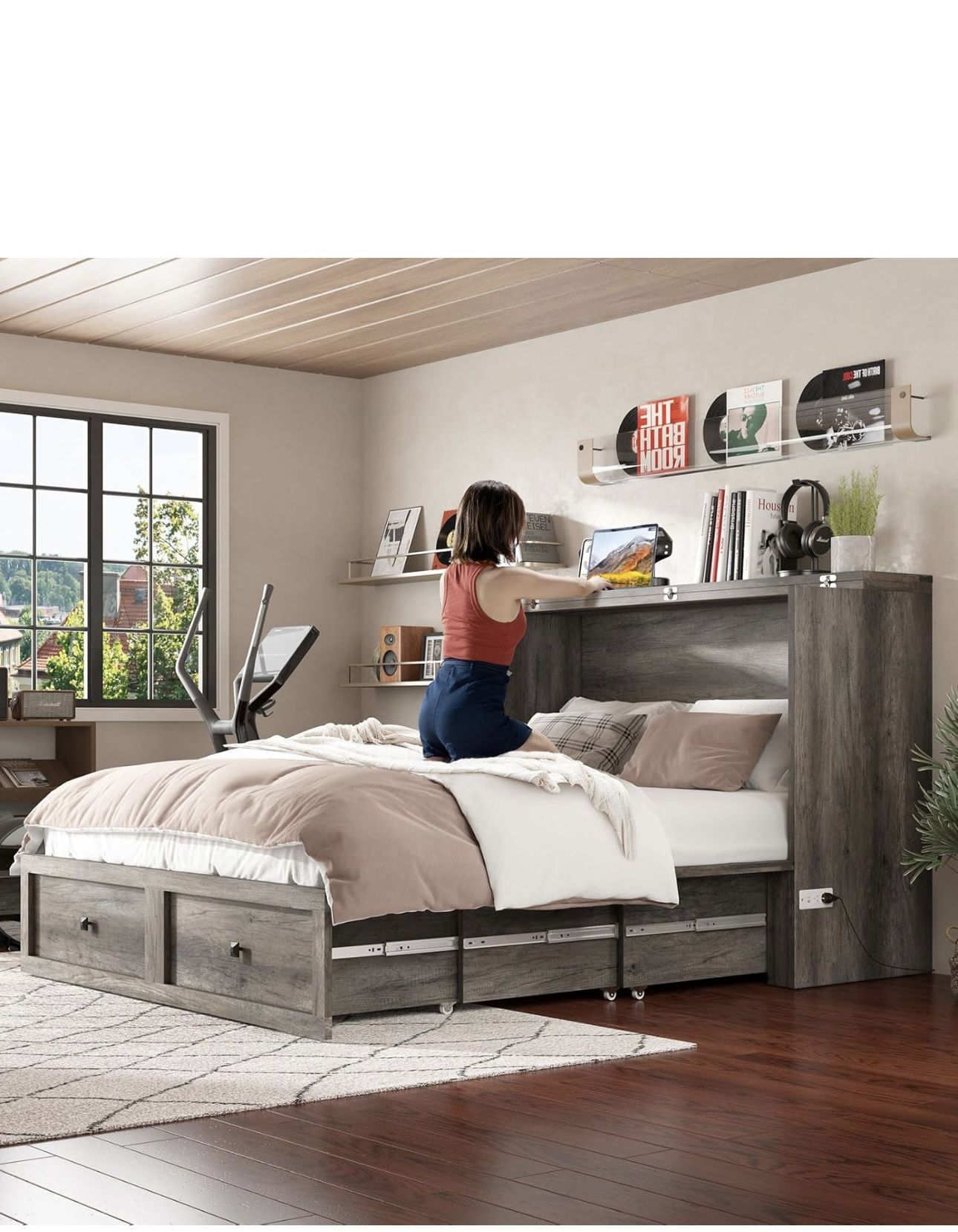 Queen Murphy Bed With Storage and Charging Station EUC