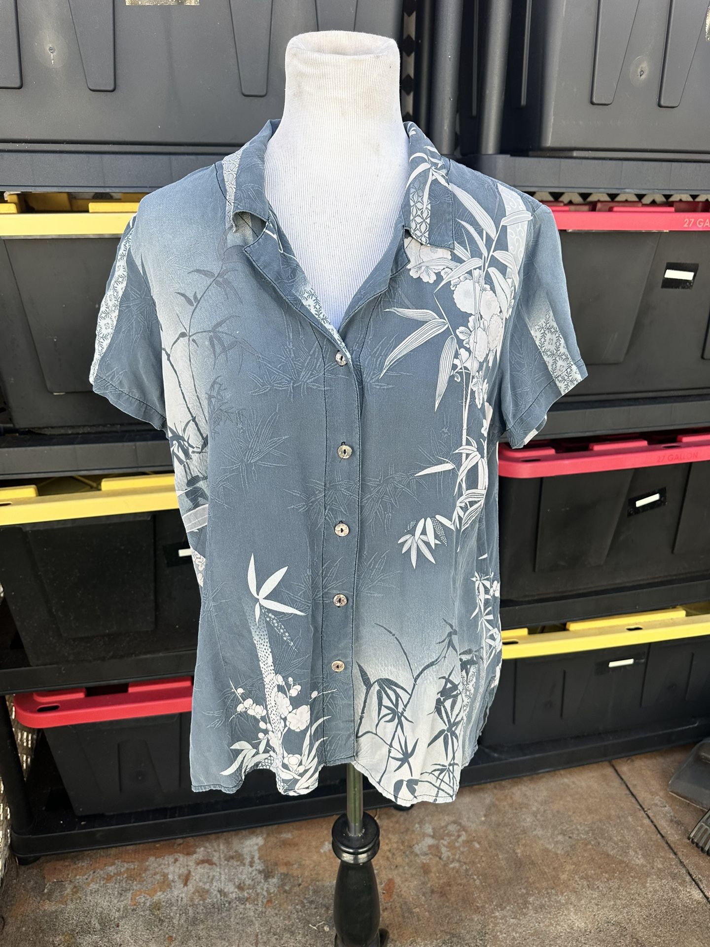 PreOwned Citron Santa Monica Full Button Blouse Bamboo Print Women's XL