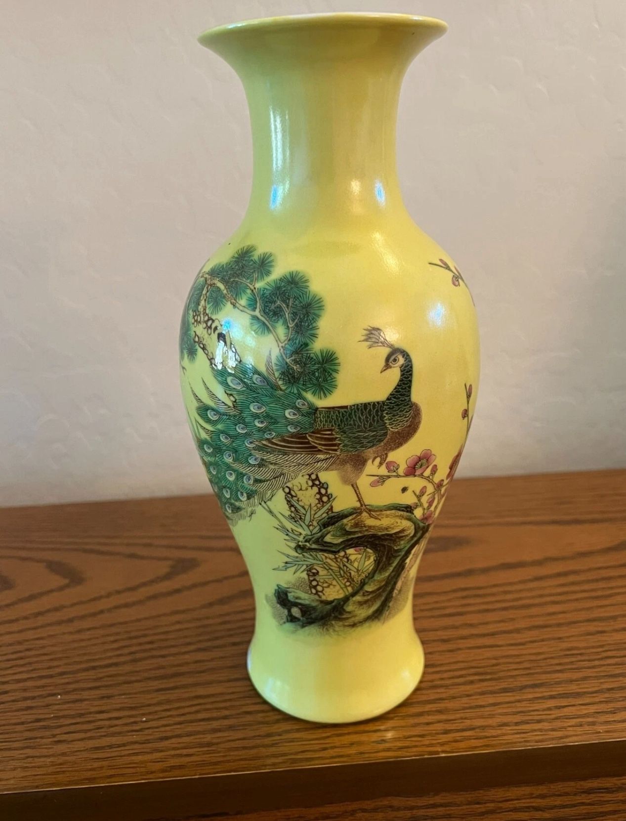 Antique Chinese Porcelain Vase Yellow Peacock and Flowers Stamped