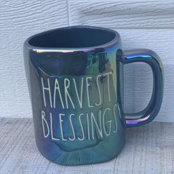 Rae Dunn “Harvest Blessings” Iridescent Blue Mug – New Fall Coffee Tea Cup 5”in